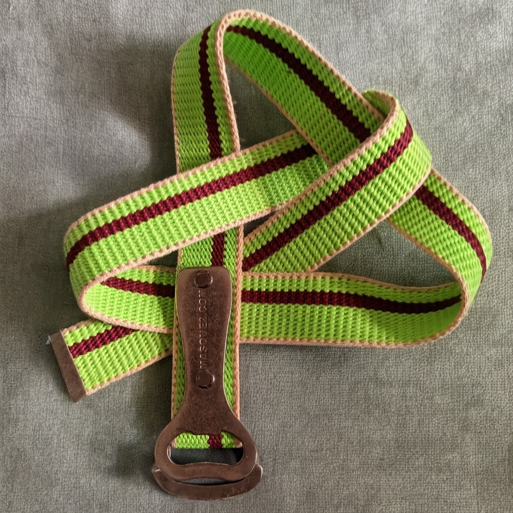 Y2K Unisex Green and Brown Striped Belt with Bottle Opener Buckle